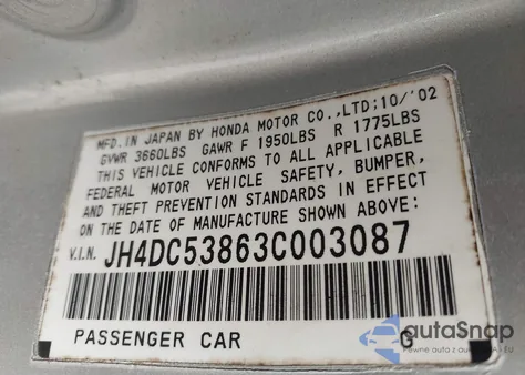 2003 Acura Rsx из США, поврежденный, VIN JH4DC53863C003087